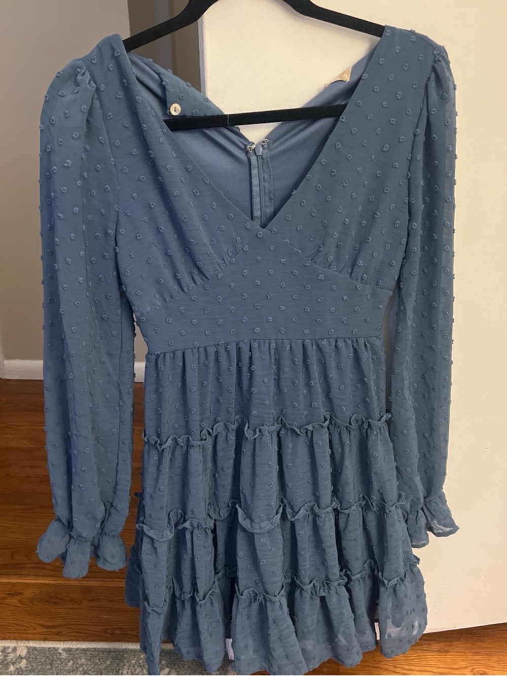 Altar'd State Dusty Blue Swiss Dot Long Sleeve Mini Dress